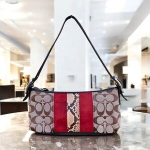 Coach Signature Stripped Suede Demi Bag Y2K 90s Rare Red and Brown Shoulder Bag